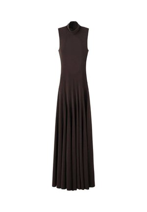 Vestido marrón sin mangas con cuello alto, hecho de una tela suave, que presenta una falda acampanada y plisada que llega hasta el suelo.