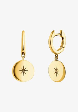 Pendientes de aro de oro con colgantes circulares que presentan un grabado en forma de explosión estelar. Superficie lisa y pulida con un diseño de cierre seguro.