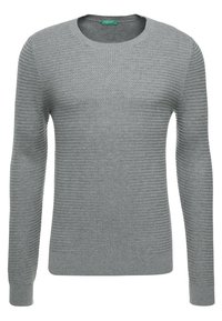 Light gray knitted sweater with a round neckline, long sleeves, and textured pattern throughout. Ribbed cuffs and hem. Soft fabric.