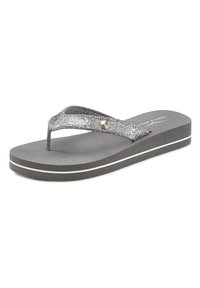 Gray flip-flop with a textured strap adorned with a silver accent. Features a flat, thick sole with a white stripe along the edge.