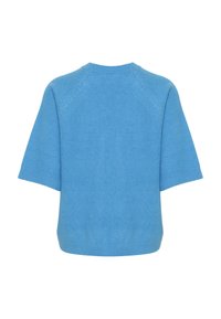 Pull bleu clair à manches courtes avec bords côtelés, encolure ronde et tissu doux en maille, vu de dos.