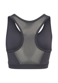 Czarny sportowy biustonosz z racerback i panel z siateczki na plecach dla oddychalności oraz elastyczną tkaniną dla wsparcia.
