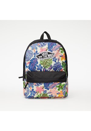 Sac à dos avec dessus et poche avant noirs, recouvert d’un motif coloré de feuilles et fleurs tropicales, avec un patch logo Vans « Off The Wall ».