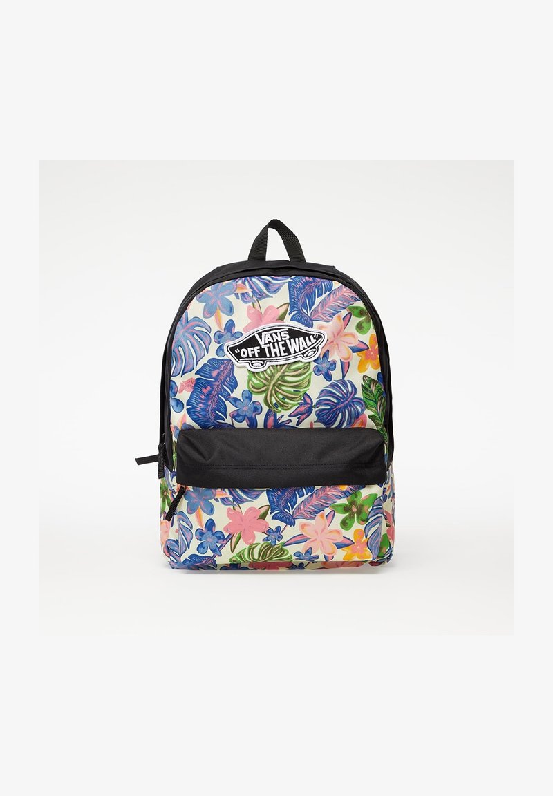 Sac à dos avec dessus et poche avant noirs, recouvert d’un motif coloré de feuilles et fleurs tropicales, avec un patch logo Vans « Off The Wall ».
