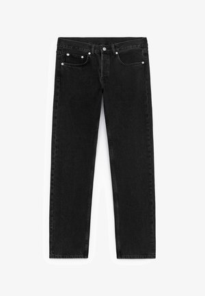 Black denim jeans featuring a straight-leg cut, front pockets with silver hardware, and a classic five-pocket design.