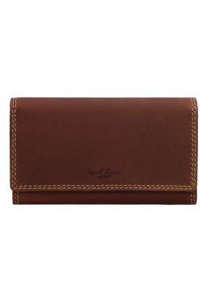 Brown leather wallet with visible stitching around edges, rectangular shape, and embossed brand name on front flap.