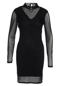 Schwarzes Kleid mit langen transparenten Ärmeln, Punktenmuster, hohem Kragen mit Schlüsselaufriss, figurbetontem Design und strukturierter Stoff.