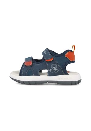 Sandalias infantiles color azul marino con acentos rojos, dos correas ajustables, lados abiertos, suela blanca y fondo de goma texturizada para mayor agarre.