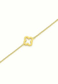 Zlato tonirana zapestnica z verižnim dizajnom in simetričnim, odprtim cvetnim akcentom na sredi. Gladka kovinska tekstura po celotni površini.