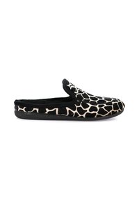Ciabatta nera e beige con un design a stampa di giraffa, morbido al tatto, stile slip-on e suola in gomma testurizzata per una buona aderenza.