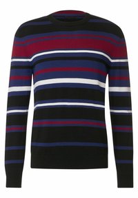 Stickad tröja med långa ärmar, rund hals, med horisontella ränder i svart, blått, rött och vitt. Mjuk textur och figurnära design.