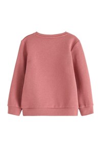 Felpa rosa con maniche lunghe, scollatura e polsini a costine. Tessuto liscio, vestibilità rilassata e design monocolore senza motivi.