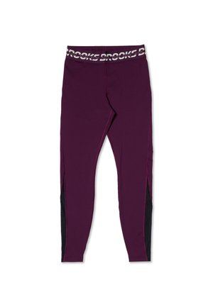 Ciemnofioletowe legginsy sportowe z czarnymi panelami na dolnej części nóg oraz białym elastycznym pasem z logo "BROOKS".