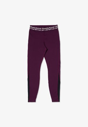 Tmavofialové športové legíny s čiernymi panelmi na dolných častiach nôh a bielym elastickým pásom s logom "BROOKS".