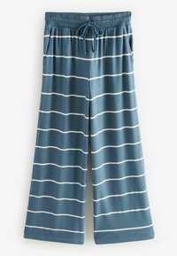 Blauwe gestreepte wijde broek gemaakt van zacht materiaal, met een elastische tailleband, trekkoordsluiting en twee zijzakken.