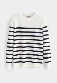 Pull blanc à rayures horizontales bleu marine. Il présente un col rond et des poignets côtelés. Matière tricotée douce avec une texture lisse.