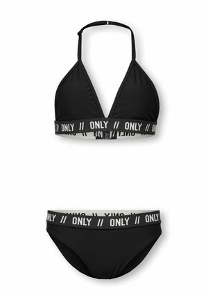 Bikini nero a due pezzi con top allacciato al collo e slip, caratterizzato da fasce elastiche stampate con la scritta "ONLY" in lettere maiuscole bianche.