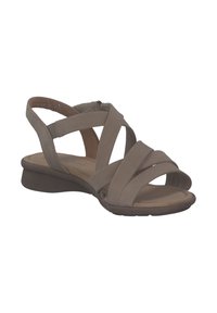 Bruine leren sandalen met een kruisbandontwerp, lage hak, open teen en een textuur voetbed voor comfort. Rits aan de achterkant voor gemakkelijk aantrekken.