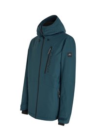 Veste résistante à l'eau de couleur teal avec capuche, poches zippées, poignets ajustables et un logo bien visible sur le devant.