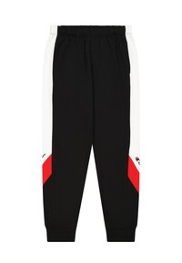 Black sweatpants with white and red side stripes, elastic waistband, and fitted cuffs, made of a smooth, lightweight fabric.