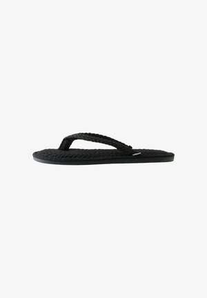 Black braided fabric flip-flop sandal with textured sole and thong strap, shown from the side on white background.