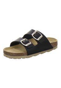 Black leather slide sandal with two adjustable silver buckle straps, cork footbed, textured outsole, and contrasting beige midsole.