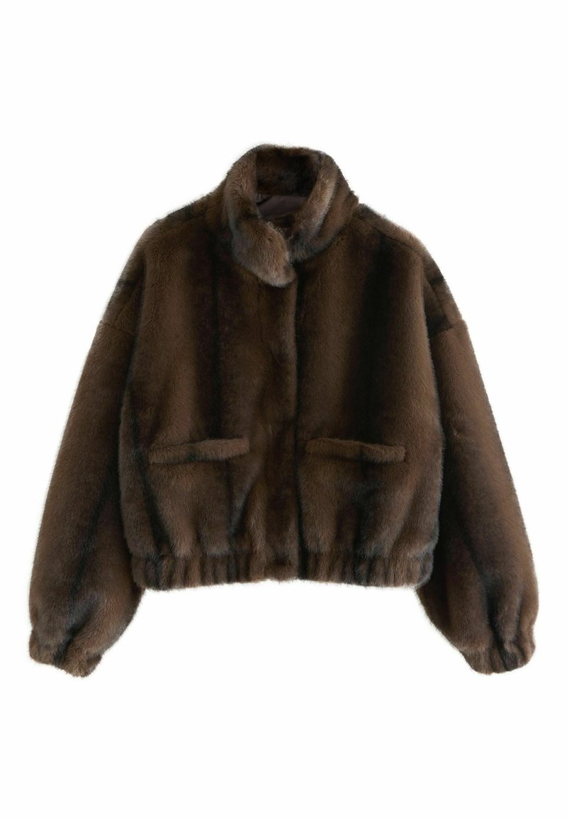 Brown faux fur cropped jacket with a high collar, elastic waistband, and two front pockets. Soft, fluffy texture, and relaxed fit.