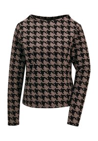 Langarm gebreid trui met zwart en beige hertenstoothpatroon en een ronde halslijn.
