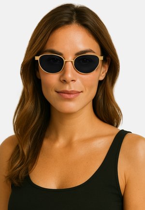 Czarne owalne okulary przeciwsłoneczne z cienkimi złotymi oprawkami. Soczewki są ciemne, a oprawki mają minimalistyczny design. Tło jest neutralne.