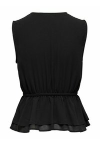 Musta ilmanhiha blusa, jossa on kerätty elastinen vyötärö ja kerroksellinen ripsutekstuuri helmassa, näkyy takaa.