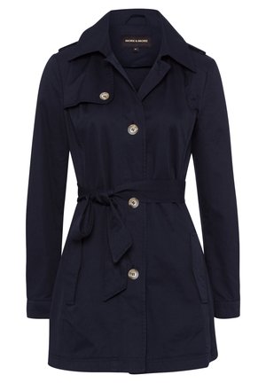 Marineblauwe trenchcoat met riem, lange mouwen, grote knopen, kraag en zijzakken, ontworpen voor dameskleding.