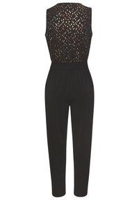 Melna kombinezona ar bez piedurknēm, ar teksturētu augšējo daļu, kas rotāta ar krāsainiem punktiņiem; elastīga jostasvieta; novājinātas kājas.