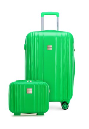 Dos maletas rígidas de color verde brillante, una grande con asa telescópica y ruedas, y una más pequeña con cierre de cremallera, ambas con textura del logotipo de la marca.