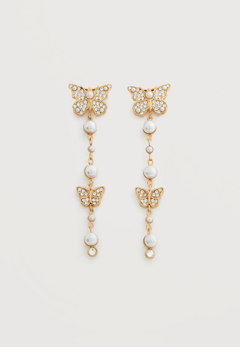 Σκουλαρίκια με σταγόνα πεταλούδας από χρυσό, διακοσμημένα με διάφανα κρύσταλλα και λευκές πέρλες διατεταγμένες κατά μήκος μιας ευαίσθητης αλυσίδας.