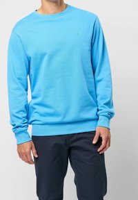 Sudadera de algodón azul con mangas largas, cuello redondo y pequeño logo bordado en el pecho. Combinada con pantalones oscuros.