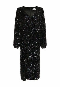 Juoda suknelė, nusagstyta daugybe spalvotų blizgučių, su V formos iškirpte ir ilgomis rankovėmis, užtrauktuko užsegimu nugaroje, kelio ilgio.