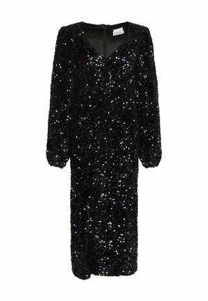Černé šaty pokryté vícebarevnými flitry, s výstřihem ve tvaru V a dlouhými rukávy, zipem na zadní straně, délka po kolena.