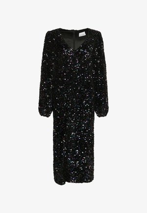 Černé šaty pokryté vícebarevnými flitry, s výstřihem ve tvaru V a dlouhými rukávy, zipem na zadní straně, délka po kolena.