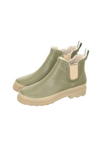 Grüne Gummistiefel mit beigen Akzenten, strukturierten Seitenpaneelen und weichem Innenfutter. Ausgestattet mit einer dicken Sohle und Zugschlaufen hinten.