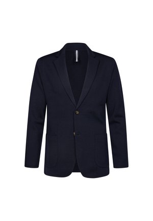 Marineblazer aus strukturiertem Stoff, mit einer zweiknöpfigen Verschluss, Reverskragen und zwei frontalen Taschen. Schlichtes und tailliertes Design.