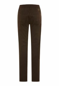 Pantalon marron à jambe droite avec taille élastique et deux poches arrière, vu de dos sur un fond blanc.