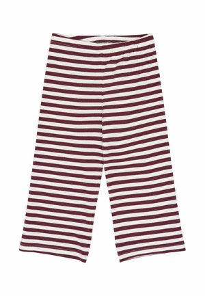 Pantalon longueur genou à rayures horizontales bordeaux et blanches, taille élastique, coupe large et texture de tissu côtelé.