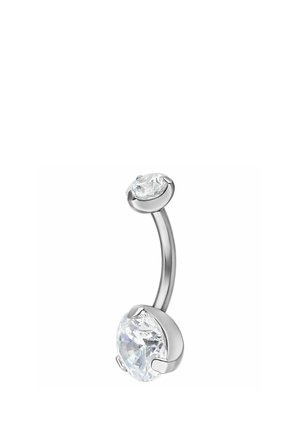 Curved silver belly button ring with two clear round gemstones, smaller on top and larger on the bottom, prong set for secure fastening.