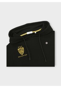 Hoodie noir en coton. Présente un logo et du texte dorés, des cordons de serrage réglables et une poche kangourou. L'étiquette indique la taille L.