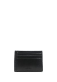 Portafoglio in pelle nera con più slot per carte, texture liscia e un leggero logo impresso sul fronte. Forma rettangolare compatta.