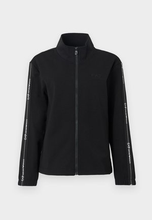 Black zip-up jacket made of soft fabric, featuring a high collar, logo on the chest, and contrasting stripes with text along the sleeves.