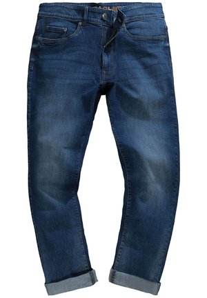 Džíny z denimu v tmavě modré barvě s vybledlým omakováním, s rovný střih, ohrnutými lemy, pěti kapsami a kovovým zapínáním na knoflík.