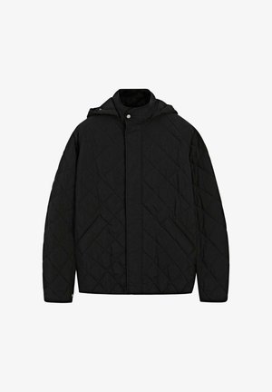 Giacca nera trapuntata con chiusura a zip e bottone a snap, dotata di cappuccio e due tasche laterali. Motivo testurizzato su tutto il tessuto.