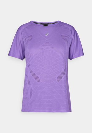 Purple athletic t-shirt made of lightweight fabric. Features mesh panels and a geometric pattern. Short sleeves and round neckline.