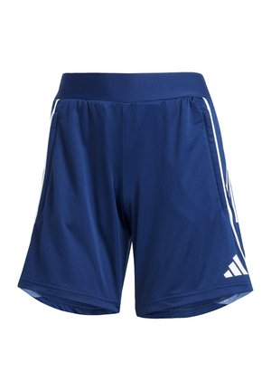 Pantaloni sportivi della marina realizzati in materiale sintetico, con strisce laterali bianche, una cintura elastica ampia e due tasche laterali.